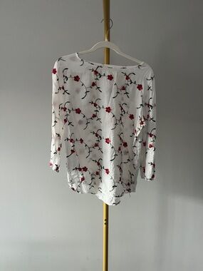 White Floral Embroidered Long-Sleeve Blouse with Red Accents
